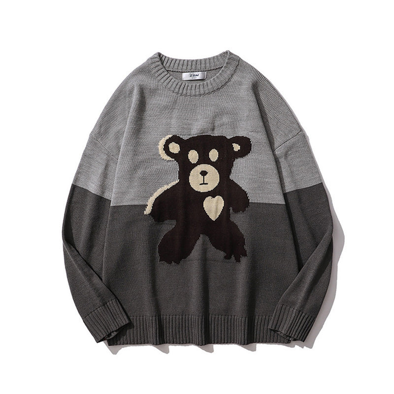 Men Sweater Cartoon Bear Jacquard Color Matching Sweater Men's Loose Pullover