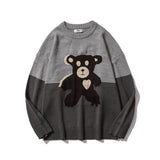 Men Sweater Cartoon Bear Jacquard Color Matching Sweater Men's Loose Pullover