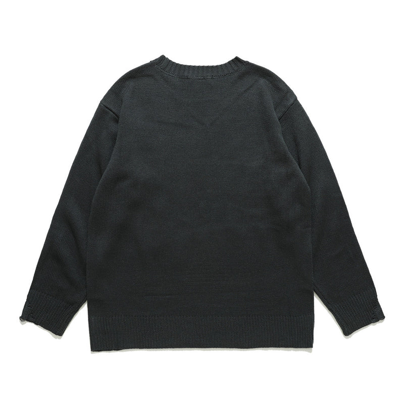 Men Sweater Cartoon Print Ripped Sweater Men's Loose round Neck Knitted
