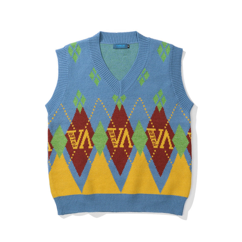 Men Sweater Rhombus Contrasting Color Jacquard Knitted Vest Men's Street Fashion Loose