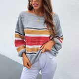 Women's Pullover Knit Sweater Autumn and Winter Clothing Women's Contrast Color Rainbow Striped Sweater
