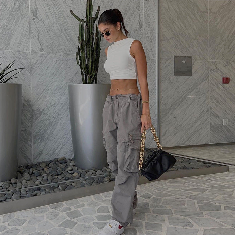 Julia Fox Low Rise Jeans Light Gray Casual with Big Pockets Overalls Women's Fashion Clothing Fashion Low Waist Loose Waist Straight Jeans