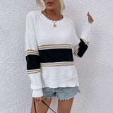 Women Pullover Knit Sweater Autumn and Winter Contrast Color Striped Split Sweater