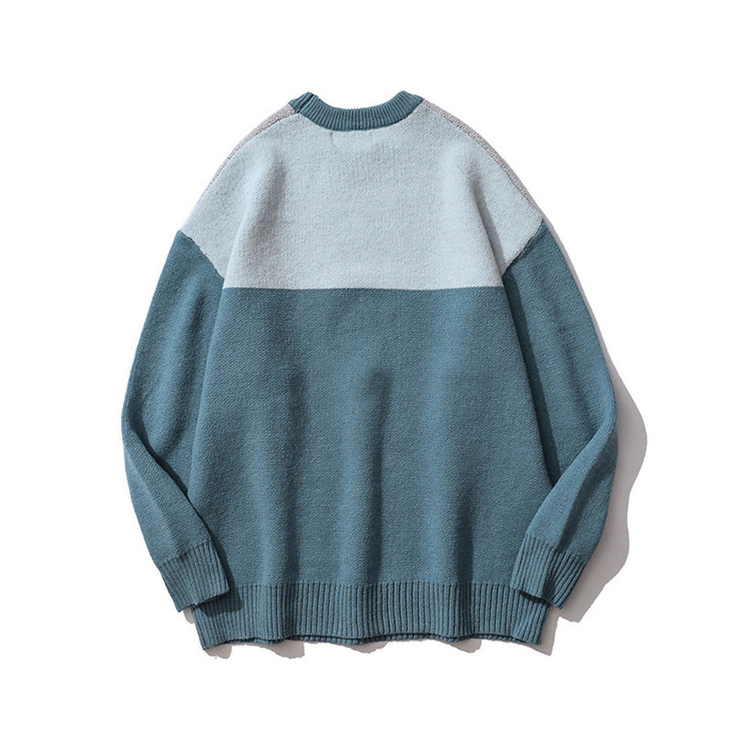 Men Sweater Cartoon Jacquard Color Matching Sweater Men's Loose Pullover