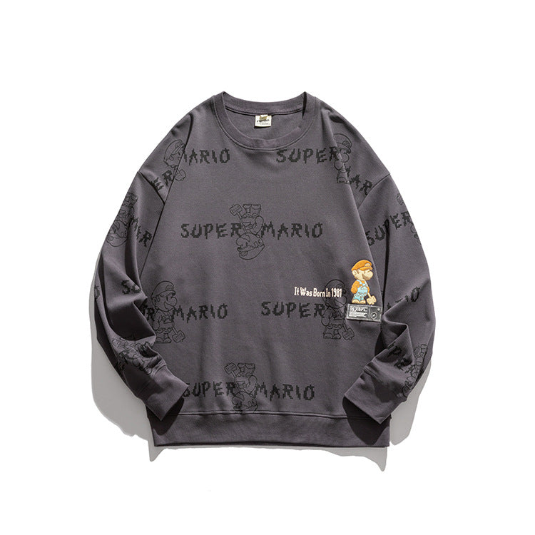 Crew Neck Sweatshirts for Men Men's Cartoon Mario Fun Printing Casual round Neck Sweater Male