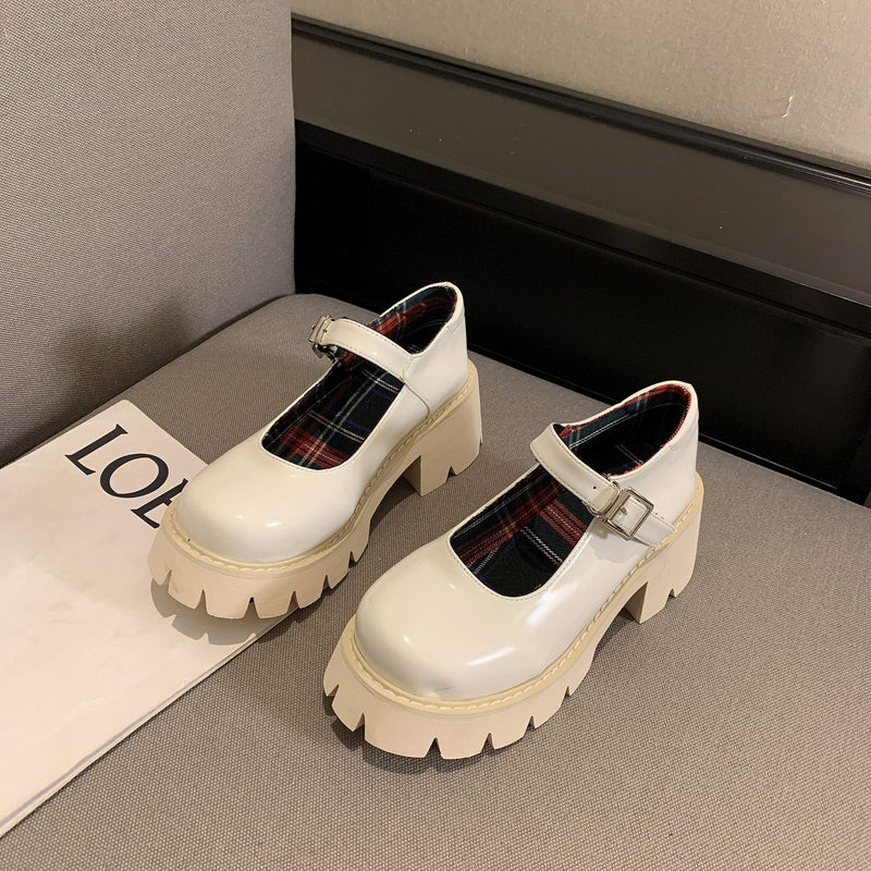 Platform Heels for Women Chunky Heel Platform Slimming Retro Small Leather Shoes for Women