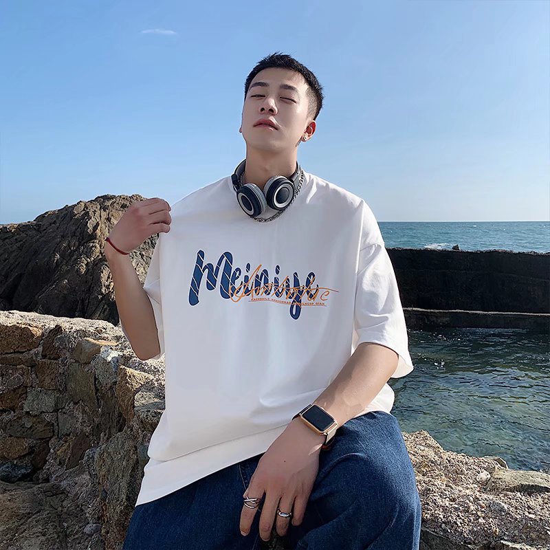 Men T-Shirts Loose Printed round Neck
