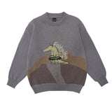 Men Sweater Cartoon Crocodile Paste Cloth Embroidery Sweater Men's Loose round Neck Sweater Retro