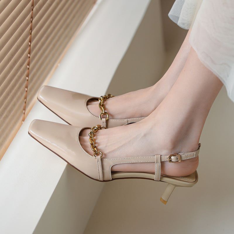 Nude Low Block Heel Small Stiletto Heel Patent Leather High Heel Square Toe Cap