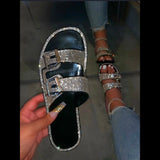 Women Open Toe Sandals Flats Summer Rhinestone Square Heel Sandals Low Heel Beach Shoes