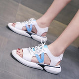 Women Open Toe Sandals Flats Large Size Flat Bottom Stylish Beach Casual Sequin Peep Toe Lace-up Sports Sandals