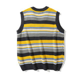 Men Sweater Mixed Color Stripe V-neck Sweater Vest Men's Street Waistcoat