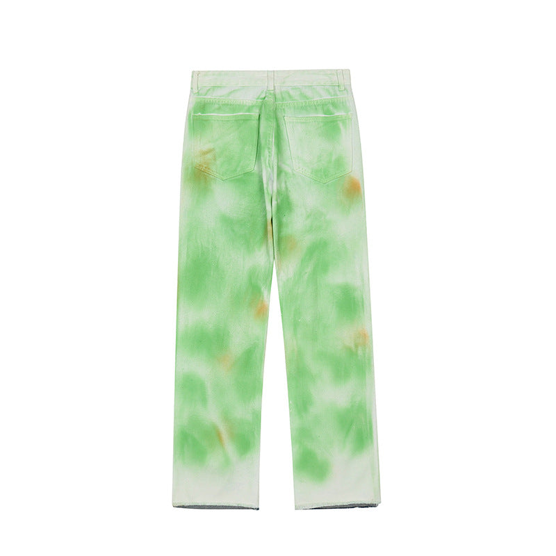 Man Fall Outfits Loose Straight Pearl Tie-Dyed Ripped Fashion Brand Wide-Leg Pants Tide