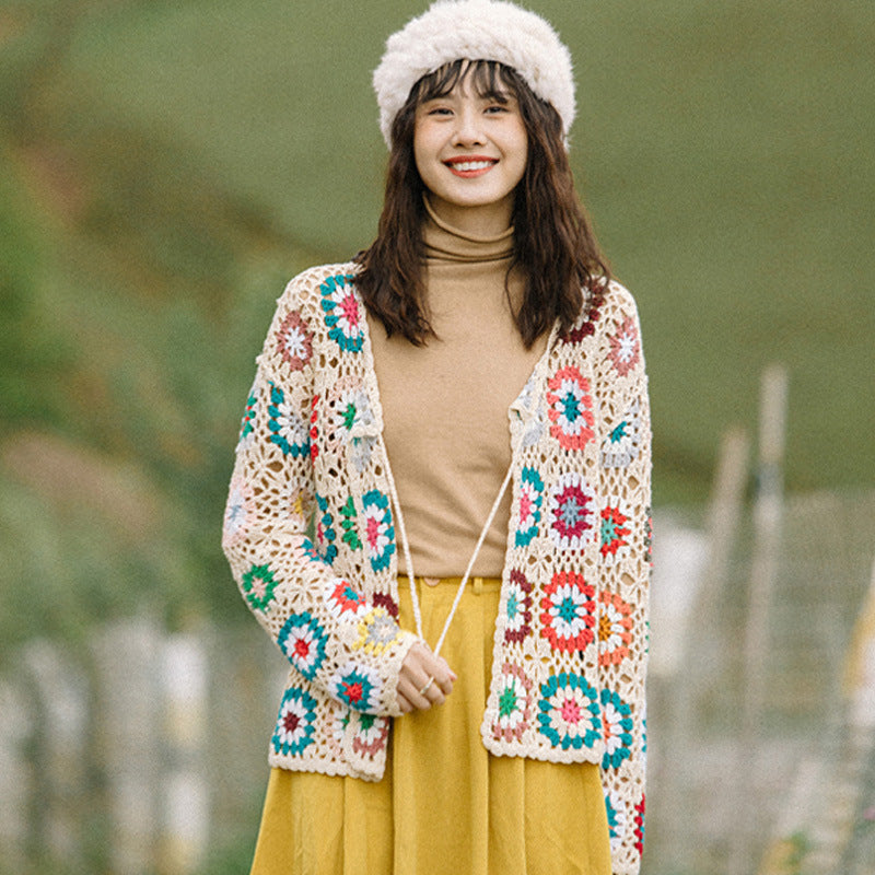 Coachella Music Festival Outfits Knitwear Hollow out Coat Long Sleeve Top