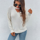 Women Pullover Knit Sweater Autumn and Winter Solid Color Sexy Chest Hollow out Sweater Female