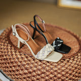 Low Heel Wedding Shoes Women's Leather Shoes Straw Open Toe High Heel Sandals