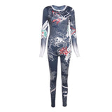 Autumn Retro Chinese Style Printed High Waist Tight Sports Jumpsuit