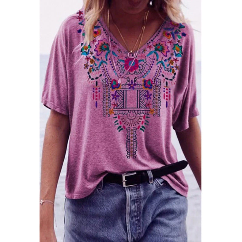 Modern Gypsy Outfits Romanian Gypsy Outfits Amazon Wish Independent Station Best Selling Women's Clothes 2021 Spring and Summer New Printed Ethnic Style V-neck Short Sleeve T-shirt