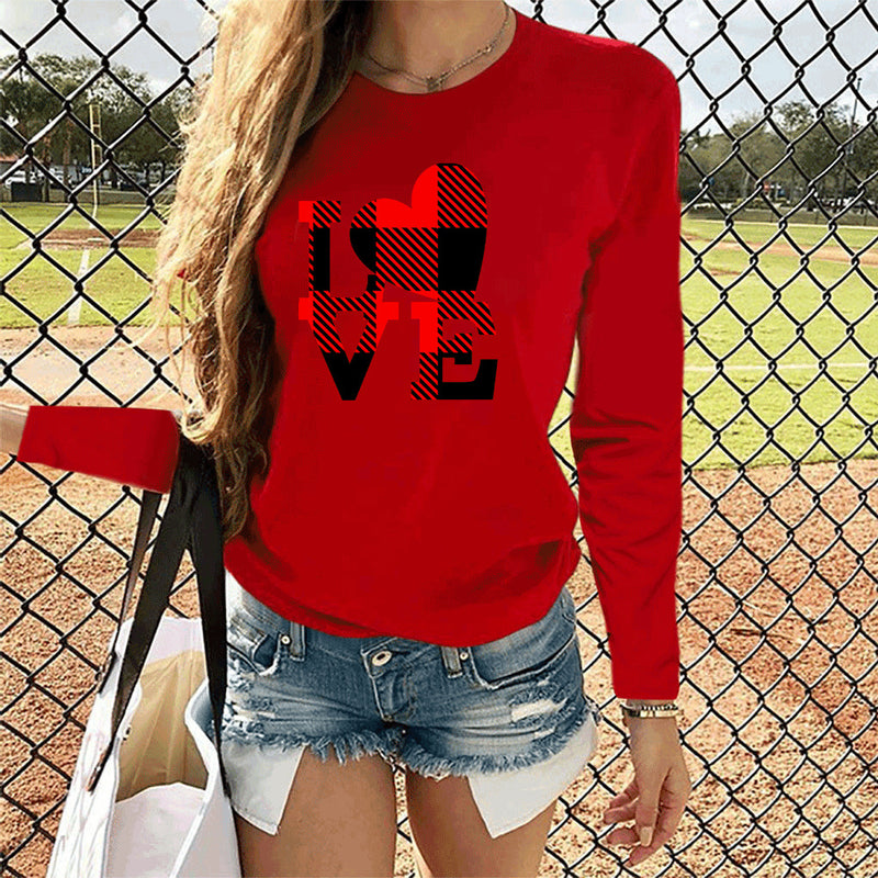 Valentine's Day T Shirt Women's Solid Color Long Sleeve Love Printed Casual Style Top