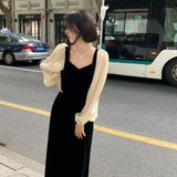 Blue Velvet Dress Waist Slimming Square Collar Puff Sleeve