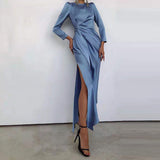 MIDI Mauve Cocktail Dress Women's Autumn and Winter Long Sleeve Split Dress Waist Dress