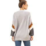 Women Pullover Knit Sweater Autumn and Winter V-neck Lantern Sleeve Striped Color Matching Sweater