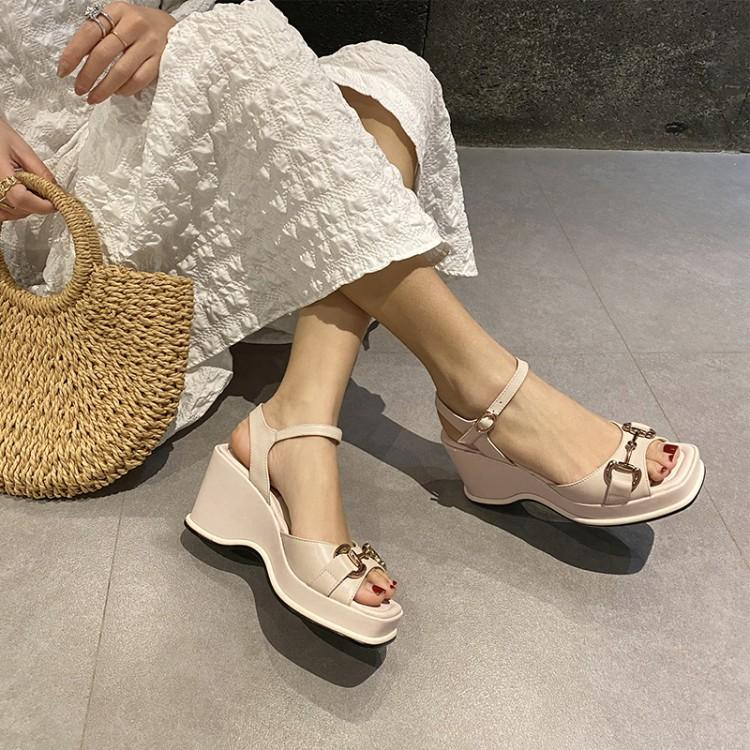 High Heels Slippers Square Toe Metal Buckle Wedge Sandals for Women