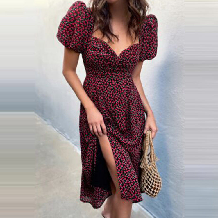 Kendall Jenner Wedding Guest Dress Sexy Floral Wrapped Chest Casual Puff Sleeve V-neck