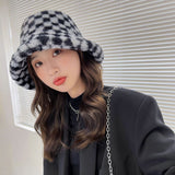 Vintage Check Bucket Hat Lamb Wool Bucket Hat
