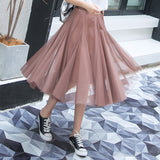 MIDI Mauve Skirt Mesh Skirt Female Fall High Waist Pleated Skirt