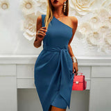 Kendall Jenner Wedding Guest Dress Shoulder Solid Color Waist Tight Temperament Women's Clothing