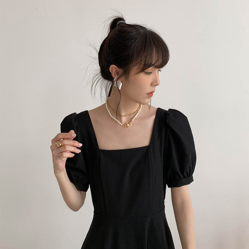 Regency Dress Retro Temperament Square Collar Waist-Tight Long Black Dress