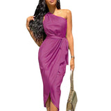 Taffeta Dress Long Dress Slant Shoulder Belt Slim Satin Dress