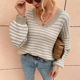 Women Pullover Knit Sweater Autumn and Winter V-neck Sweater Head Striped Sweater for Women