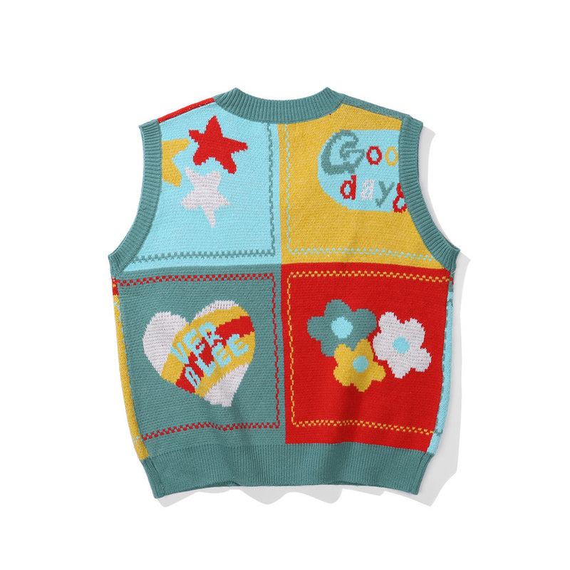 Men Sweater Creative Pattern Contrasting Color Jacquard Knitted Waistcoat for Men