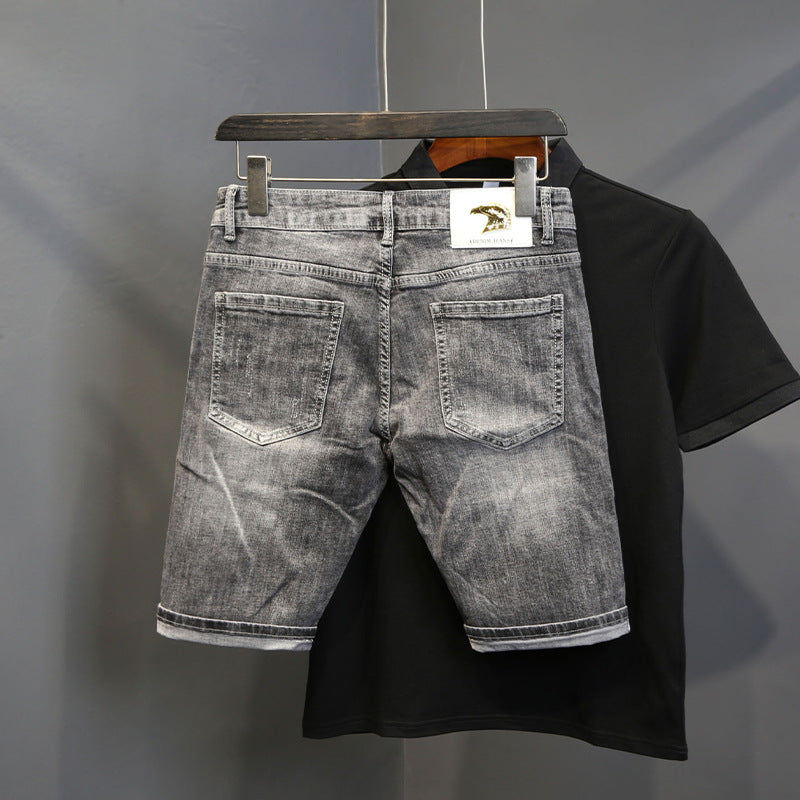Men Denim Shorts Summer Thin Slim Cropped Pants Ripped Eagle Head Embroidery