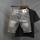 Men Denim Shorts Summer Thin Slim Cropped Pants Ripped Eagle Head Embroidery