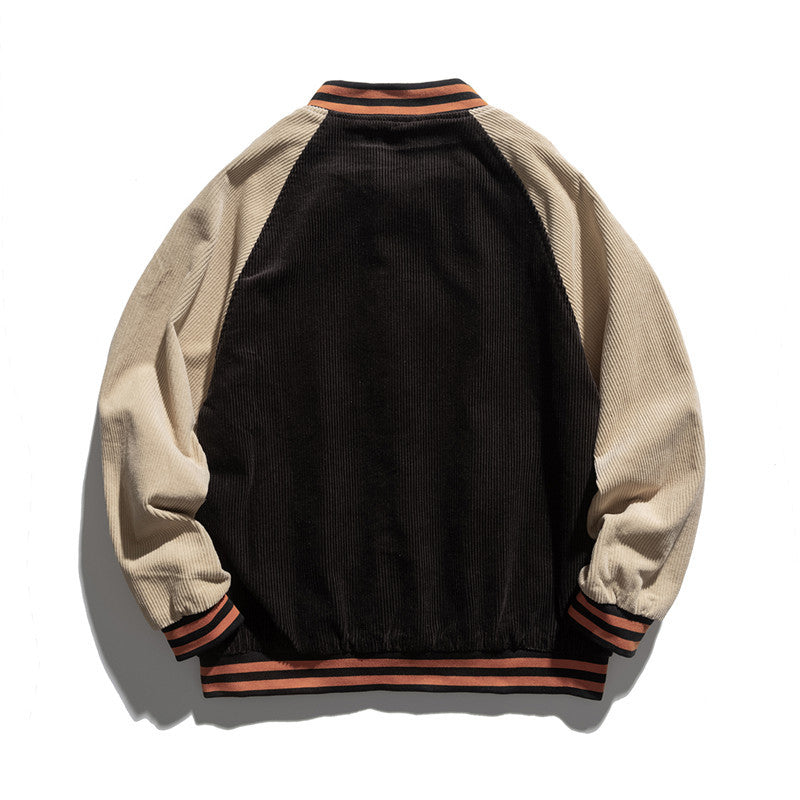 Man Fall Outfis Autumn Vintage Contrast Color Corduroy Letters Embroidered Baseball Uniform Preppy Style Top Men
