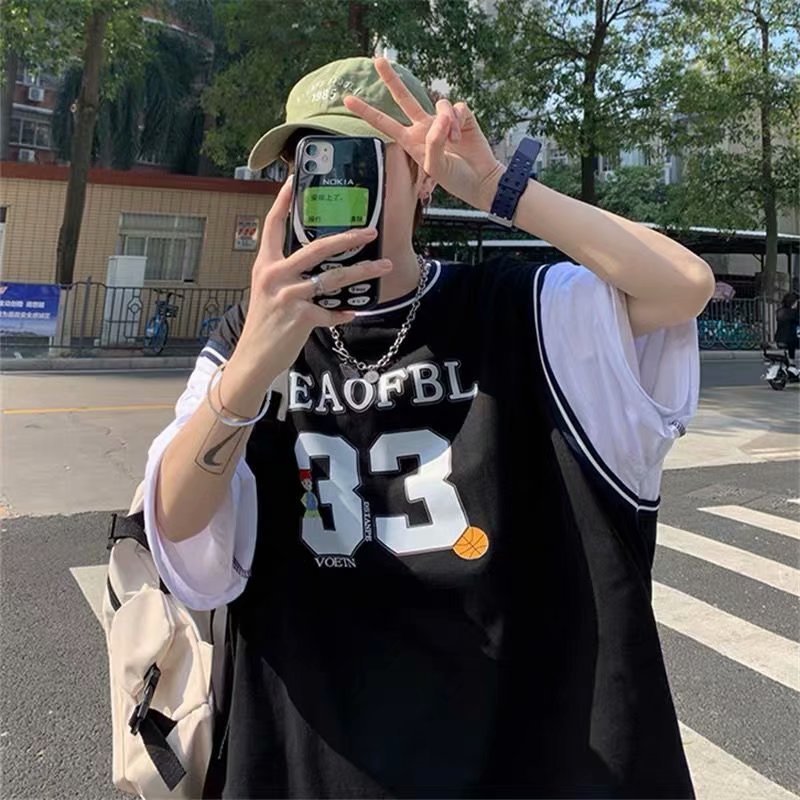 Men T-Shirts Fake Two-Piece Loose Half Sleeve