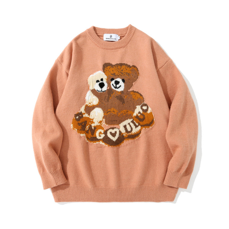 Men Sweater Cartoon Bear Jacquard Sweater Men's round Neck Sweater