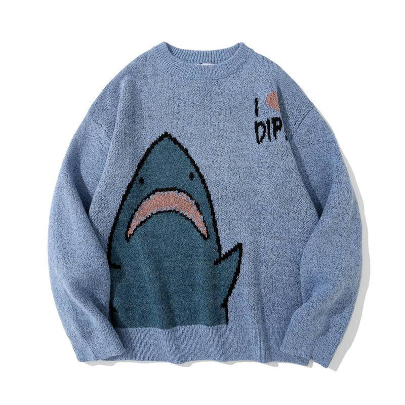 Men Sweater Cartoon Jacquard Crew Neck Sweater Men Loose Pullover