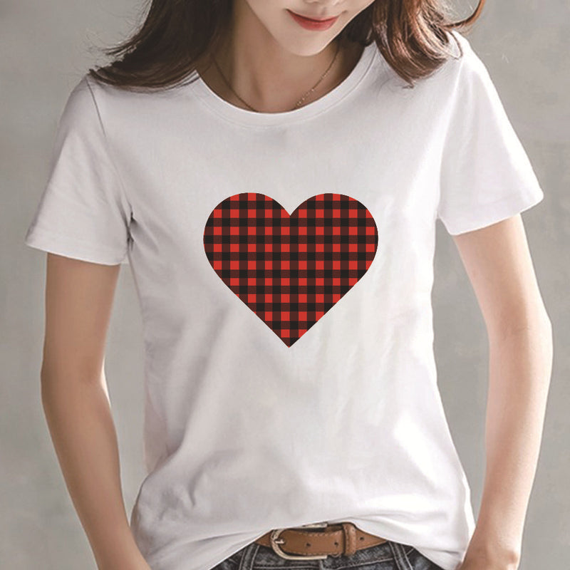 Valentine's Day T Shirt Winter plus Size Women's Clothing Plaid Heart Printing Loose