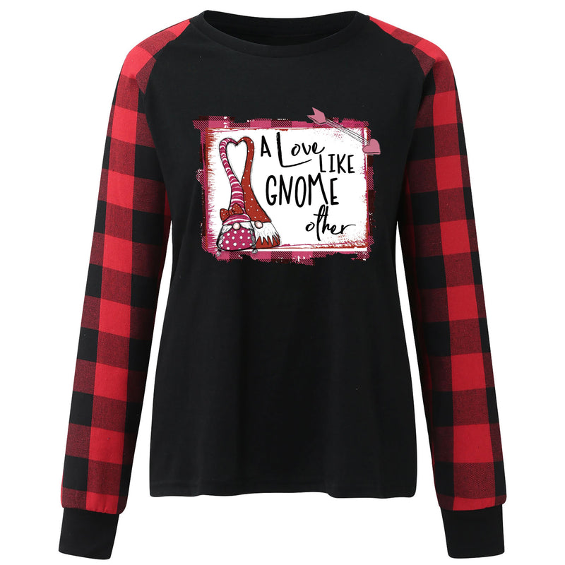 Valentine's Day T Shirt Long Sleeve Plaid Sleeve Valentine's Day Heart Printing T-shirt
