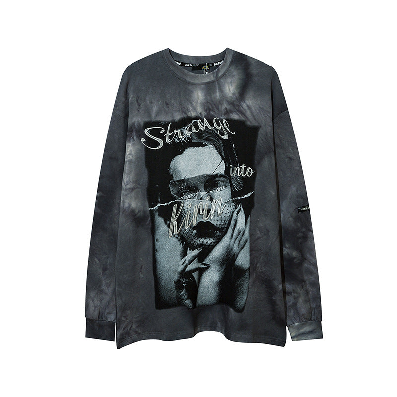 Man Fall Outfits Printed Long-Sleeved T-shirt Men's Retro Oversize Gradient Autumn and Winter Undershirt