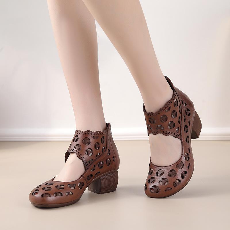 Highway Flat Sandals Summer Hollow Mid Heel Fashion Retro Mom Leather Shoes