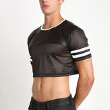 Rave Outfits Men T Shirt Personality Stitching Mesh Top Short Exposed Navel