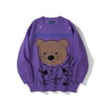 Men Sweater Cartoon Bear Embroidery Sweater Men's Loose round Neck Pullover