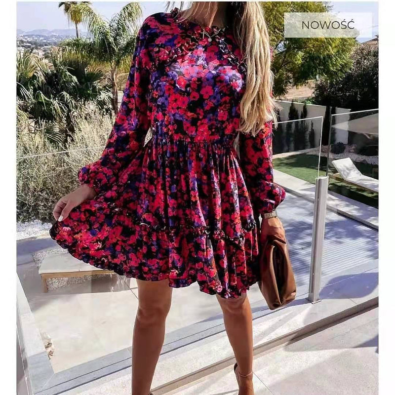 Nine Britton Dress Casual Printed round Neck Long Sleeve Backless Lace