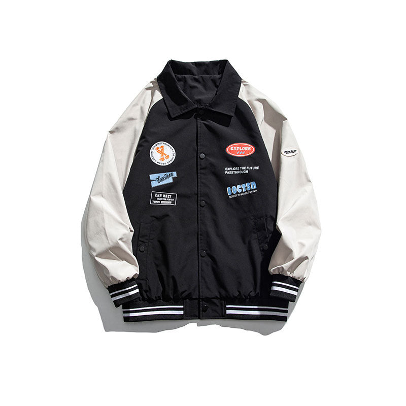 Man Fall Outfis Vintage Color Blocking Baseball Uniform Coat Loose Couple Casual Jacket