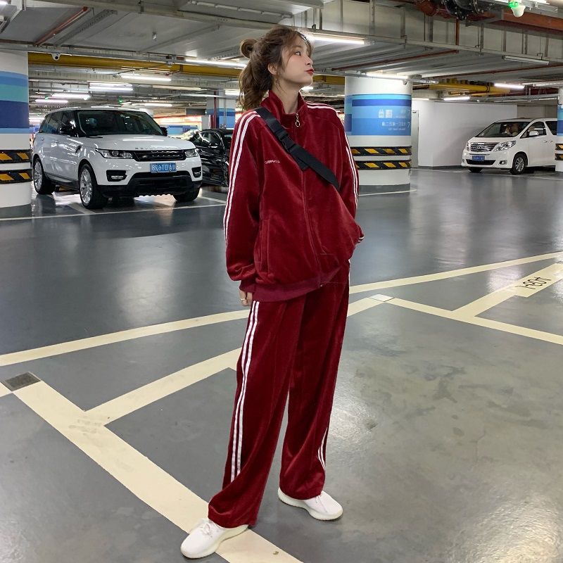 Velour Tracksuit Winter Coat Straight-Leg Pants Two-Piece Set